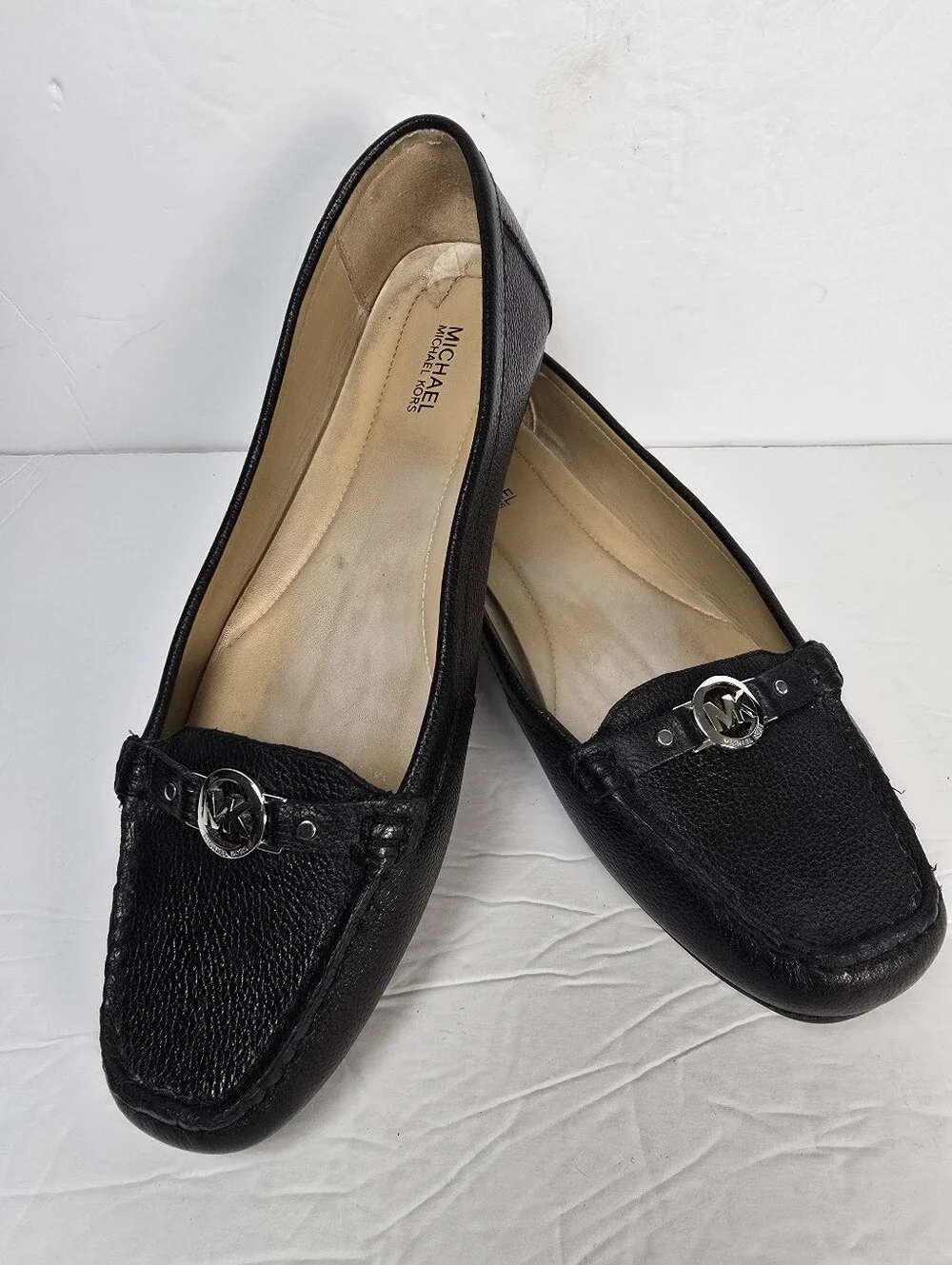 Michael Kors Moc Black Leather Moccasin Loafers Silver Tone Hardware Size 8.5